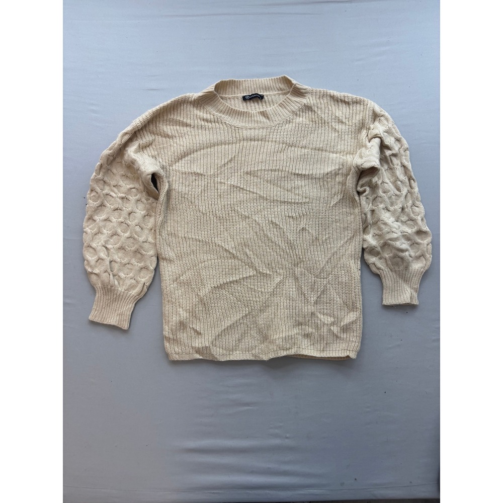 PrettyGarden Cream Beige Cable Knit Lantern Sleeve Crew Neck Sweater Small